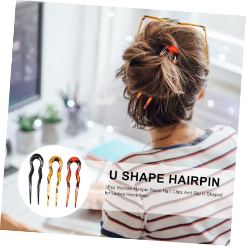 VOSAREA 3 Pcs U-shape Leopard Print Resin Hair Pins Hair Forks Double Prongs for Women Wedding Updo and Daily Styling