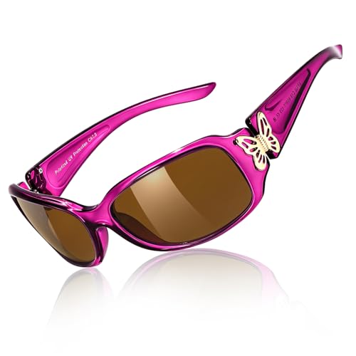 TJUTR Polarized Sunglasses for Women with Wrap Around Butterfly Design, Trendy Jackie-O Style for UV400 Protection - color: A75 Clear Purple Frame Brown Lenses