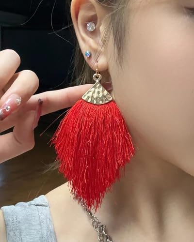 Earrings for Women Colorful Layered Leaf Earrings Bohemian Dangle Drop Tassel Silver Earrings Women Gifts - style: Red