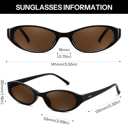 FEISEDY Retro Oval Womens Sunglasses, Trendy Cat Eye Skinny Chic Narrow Y2K 90s Small Sunnies B9177 - color: Black Frame - Brown