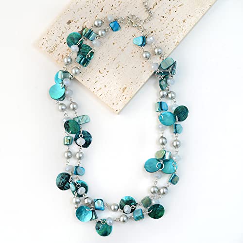 Noessla Layered Beaded Chunky Necklace for Women Boho Two-color Shell Statement Necklace Fashion Collar Costume Jewelry Gifts for Mum - color: 14-Turquoise