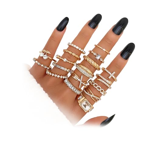 17IF 18 PCS Dainty 14K Gold Ring Set for Women Sparkle Chunky Quartet Diamoned Clean Aesthetic Cross Snake Cherry Classy Designs Plus Size for Stacking on Thumb Knuckle