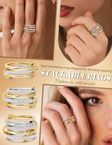18K Gold Plated Stackable Rings for Women CZ Mixed Metal Statement Rings Set Non Tarnish Interlocked Stacked Ring Unique Connected Band Thumb Ring Fashion Multi-layer Wedding Ring Jewelry Size 6-10 - style: Gold Style A