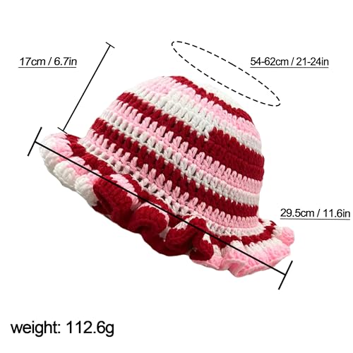 Handmade Crochet Bucket Hat for Women Boho Chic Slouchy Design Colorblock Ruffled Brim Festival&Daily Crochet Hat - color: White and Pink Stripe