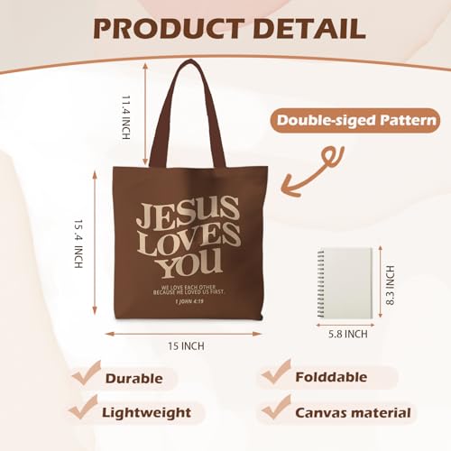 Jesus Tote Bag, Christian Tote Bags for Women, Religious Reusable Grocery Bags - color: Dark Brown