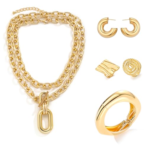 KISS WIFE Golden Jewelry Set for Women with Multi Layered Necklaces, Stackable Bracelets, Knuckle Rings, Hoop Earrings, Fashion Outfit Accessories Jewelry Packs Gifts for Women - style: Style 5
