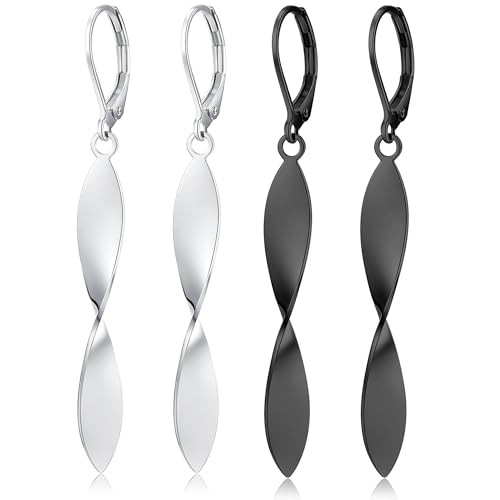 Twisted Leaf Spiral Leverback Hypoallergenic Earrings For Women -18K Gold Plated And Silver Dangle Drop Earrings, Trendy Jewelry Gift - color: SILVER&BLACK