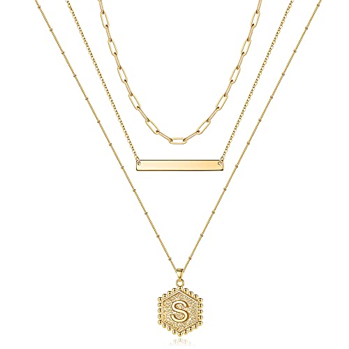 Turandoss Layered Initial Necklaces for Women, 14K Gold Plated Bar Necklace Handmade Layering Hexagon Letter Pendant Beads Chain Necklace Layered Necklaces for Women Jewelry Gifts - style: S