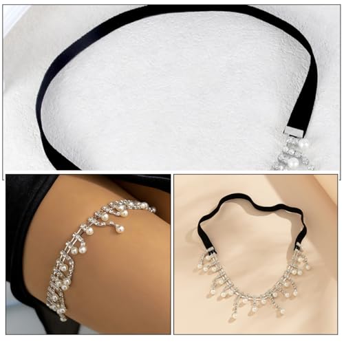 Lurrose Elastic Leg Chain Body Thigh Chain for Women with Full Rhinestone and Faux Pearl Tassel, Adjustable Body Jewelry Accessory for Fashion and Party Wear