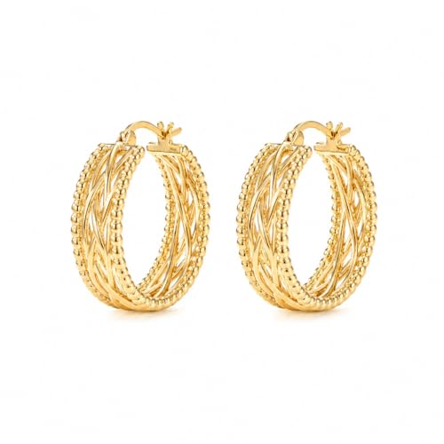 14k Yellow Gold Twisted Braided Hoop Earrings for Women, Textured Beaded Huggie Earrings, Hypoallergenic Minimalist Statement Jewelry 23.3mm*9mm