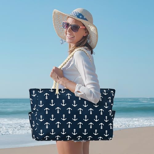 Becokan Beach Bag Large Beach Tote Bag for Women Waterproof Sandproof Swim Pool Bag With Zipper - color: Anchor