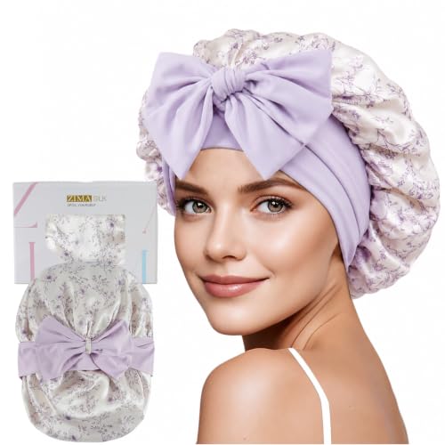 ZIMASILK 100% Mulberry Silk Bonnet for Sleeping Women Long Hair Double Layer Silk Hair Wrap with Tie Band Stay On Head (1Pc, Lilac Flower) - color: Lilac Flower