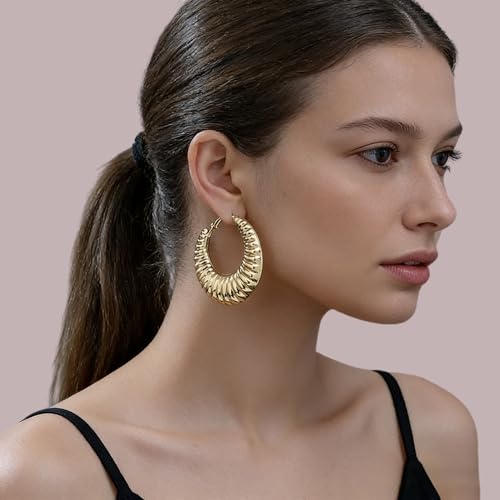 Gold Textured Hoop Earrings for Women, Lightweight Chunky Gold Hoop Earrings with 3D Ribbed Texture, Hypoallergenic Large Round Hoop Jewelry for Daily Party Wear