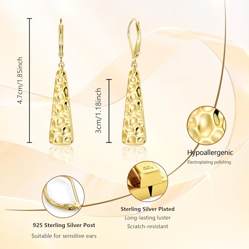 ALEXCRAFT Hammered Silver Dangle Earrings for Women, 14K Gold Plated French Leverback Earrings, Hypoallergenic Lightweight Statement Hammer Square Bar Long Drop Earing for Women Trendy Jewelry Gifts - color: GoldA