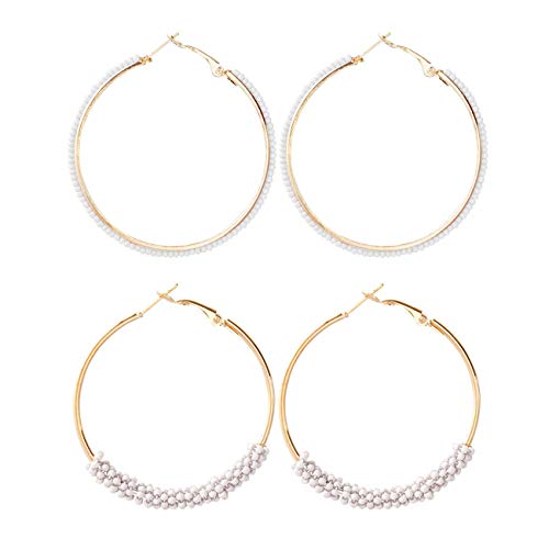 2 Pairs Bohemian Colorful Beads Circle Round Hoop Earrings Gold Hoop Dangle Earrings for Women Vintage Boho Jewelry - color: white