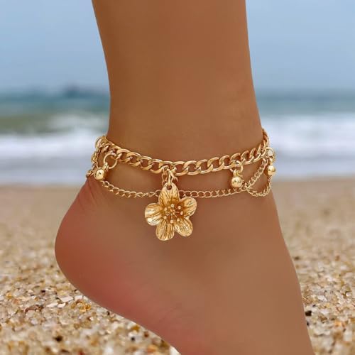 Ankle Bracelets for Women Gold Anklets for Women Waterproof Summer Beach Jewelry Pink Blue White Silver Flower Anklets for Women Plus Size Anklet Bracelet for Big Ankles Foot Jewelry - color: 1 - gold