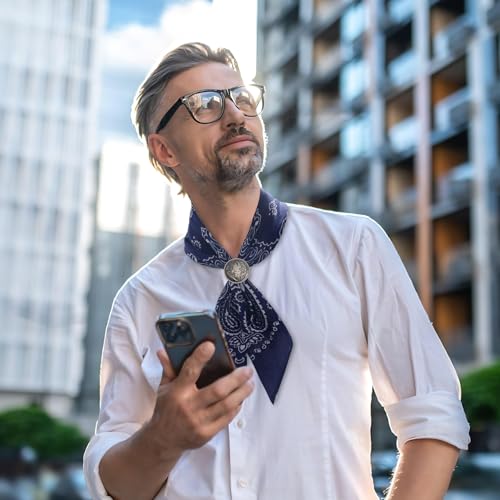 Western Bandana Scarf With Vintage Coin Buckle, Paisley Pattern Neck Scarf for Men Pocket Square Cowboy Scarves - color: Navy Blue