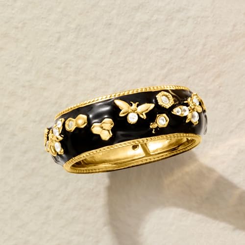 Ross-Simons 0.20 ct. t.w. White Topaz and Black Enamel Bumblebee Ring in 18kt Gold Over Sterling