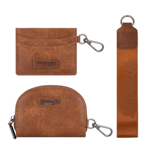 Wrangler KeyChain Wallet Wristlet Wallets for Women Dual Pouch Wristlet with Zipper Womens Credit Card Holder Wallet - color: A-Brown
