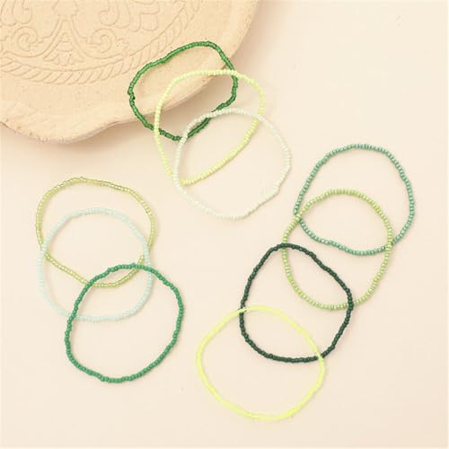 Boho Stackable Rice Beaded Bracelet Set for Women 8-10Pcs Colorful Handmade Multilayered Crystal Beads Bracelets Summer Beach Bohemian Jewelry Gift - color: A Green
