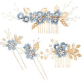 HINZIC 4pcs Camellia Flower Tassels Hairpin, Crystal Pearl Hair Comb, Blue | Non-Slip, 4 Styles, Alloy Made, Adorned with Rhinestones and Pearl, for Wedding, Brides, Parties, for Long Hair - color: Blue-4pcs