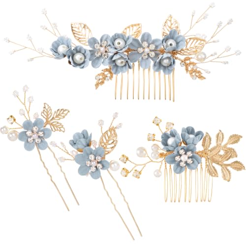 HINZIC 4pcs Camellia Flower Tassels Hairpin, Crystal Pearl Hair Comb, Blue | Non-Slip, 4 Styles, Alloy Made, Adorned with Rhinestones and Pearl, for Wedding, Brides, Parties, for Long Hair - color: Blue-4pcs