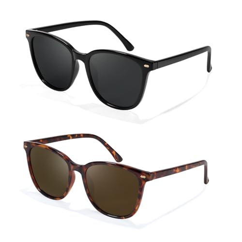 Myiaur Polarized Sunglasses for Women, Trendy Square Shades with UV400 Protection Sun Glasses for Daily (2 Pack) - color: A01 Black+tortoises