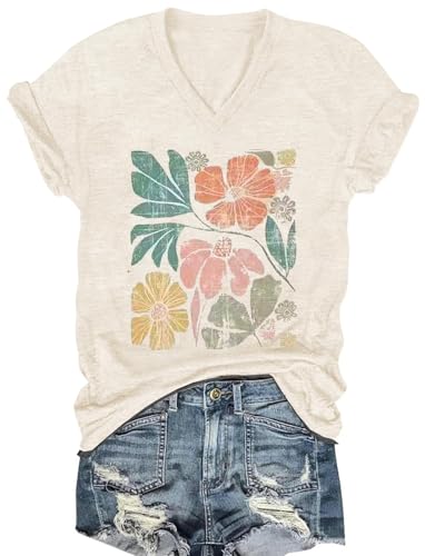 Vintage Boho Tops for Women V-Neck Flowers Shirt Spring Graphic Tees Floral Print Summer Casual Short Sleeve Tshirt Top - color: Apricot5, size: Small