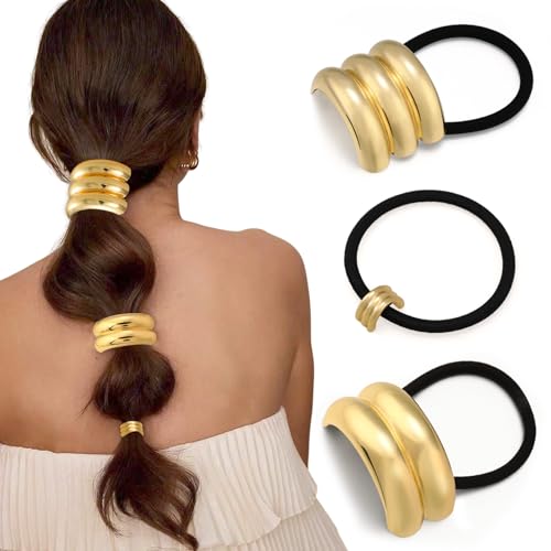 3PCS Gold Hair Ties, Metal Hair Ties for Thick Hair, Elegant Durable Geometric Design, Gold Hair Accessories Stretchy and Non-Damage Ponytail Holders - color: Gold Set 04