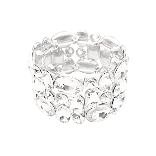 Women’s Wedding Bridal Crystal Leaf Flower Stretch Bangle Elastic Wide Bracelet Jewelry for Brides Bridesmaid - color: White-Platinum Plated