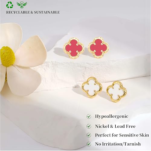 Elegant Black Onyx Clover Stud Earrings, 14K Gold Plated Four Leaf Hypoallergeinc Stud Stainless Steel Flower Earring Lucky Simple Jewelry Gift for Women Shiny Multiple Onyx Colors - color: Pink Clover Stud Earrings