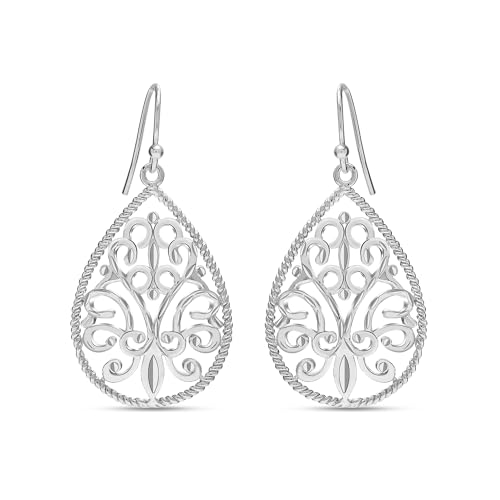 LeCalla Sterling Silver Dangle Earrings for Women | 925 Sterling Silver Long Interlocked Handmade Textured Drop Earring for Women - color: Filigree Teardrop
