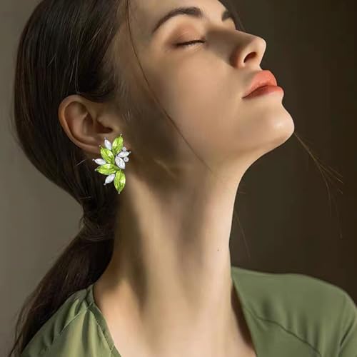 Bohemian Statement Sparkly Colourful Fancy Rhinestone Crystal Flower Dangle Drop Stud Earrings Vintage Wedding Bridal Prom Earrings for Women - color: White Green