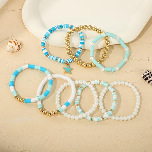 GOOJIDS Surfer Heishi Clay Bead Bracelets for Women Bohemian Stackable Gold Plated Beaded Stretch Bracelets Elastic Layering Friendship Bracelets Set Boho Jewelry - color: B-Blue Starfish Set