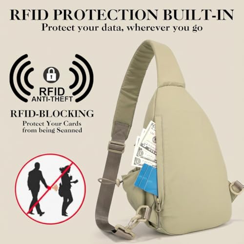 Sling Bag for Women, Anti-Theft RFID Nylon Crossbody Purse with Adjustable Strap for Travel & Shopping - color: Khaki