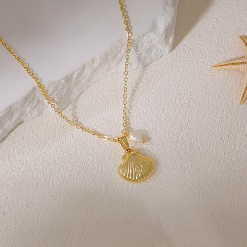 Ewrkbr Gold Necklace for Women,14K Gold Plated Shell Starfish Beach Necklaces Cute Boho Pendant Necklace Fashion Summer Waterproof Pearl Jewelry for Women - color: NK-shell