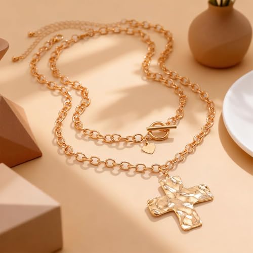 Chunky Cross Necklace for Women Chunky Gold Necklace Statement Cross Pendant Vintage Toggle Clasp Necklace Jewelry for Women - color: B1-Gold Cross Necklace