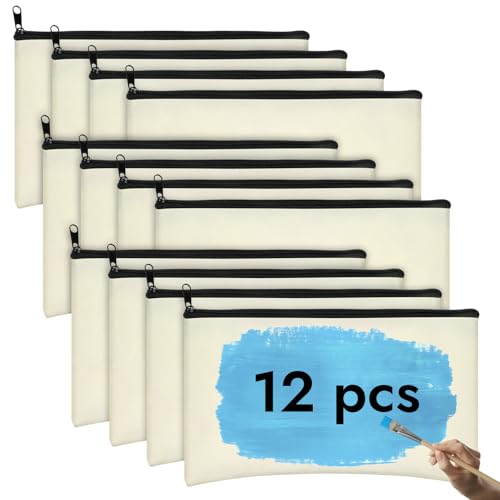 PEASUG Canvas Pencil Pouch, 12 Pack Blank Canvas Zipper Pouch Makeup Bag Bulk, Canva Pouch Cosmetic Bags with Zipper Sublimation Pencil Case Blanks for DIY Craft, Travel, Organized