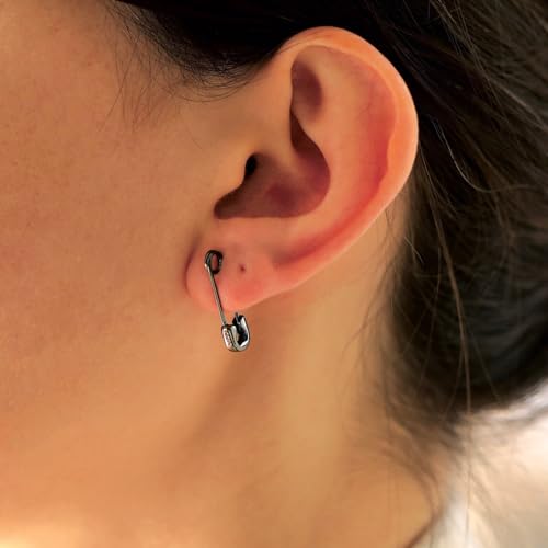 CHIC & ARTSY 925 Sterling Silver Safety Pin Earrings - Lightweight Comfortable Punk Paperclip Cartilage Hoop Earrings, Trendy Industrial Style Jewellery for Women and Men - color: Black-Small