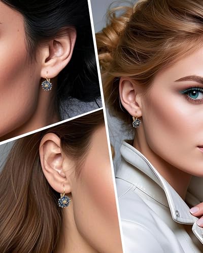 Vintage 14K Gold Plated Flower Birthstone Earrings - Hypoallergenic Leverback Floral Earrings, Trendy Jewelry Gifts for Women - color: Sapphire