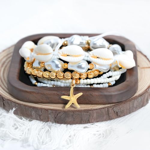 Beach Bracelets for Women Bohemian Stackable Heishi Surfer Bracelet Set Elastic Seashell Starfish Boho Friendship Bracelets for Summer Beach Party Holiday Vacation Jewelry - color: 7PCS-Gold Starfish/Big Pearl