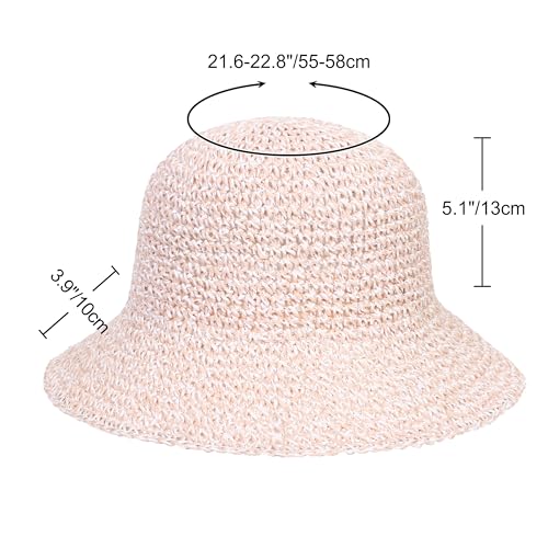 Womens Sun Hat Handmade Crochet Straw Bucket for Summer Foldable Travel Cap - color: Beige & Pink