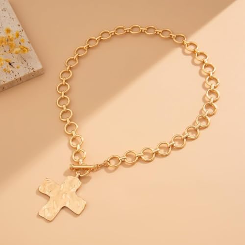 Chunky Cross Necklace for Women Chunky Gold Necklace Statement Cross Pendant Vintage Toggle Clasp Necklace Jewelry for Women - color: A1-Gold Cross Necklace