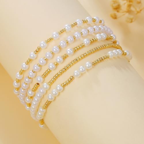 Gold Bracelets for Women 14K Gold Plated Beaded Non Tarnish Bracelets Stretch Bead Ball Bracelet Stack Set Jewelry for Gifts - color: G-SET 5PC