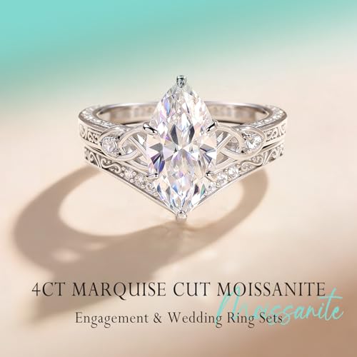 4CT Moissanite Marquise Engagement Ring Set for Women, Heart Shaped Celtic Knot D Color VVSI S925 Sterling Silver Promise Wedding Band, Bridal Festival Gift with Certificate & Box