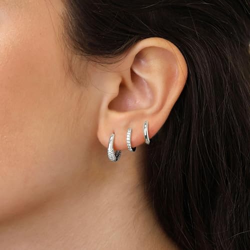 Poxtex Small Sterling Silver Huggie Hoop Earrings Set for Women, Hypoallergenic 14K Gold Plated Hoops Stacks for Multiple Piercings, Dainty Cute Mini Lightweight Cartilage Studs Trendy Jewelry Gift - color: Silver-Chunky CZ