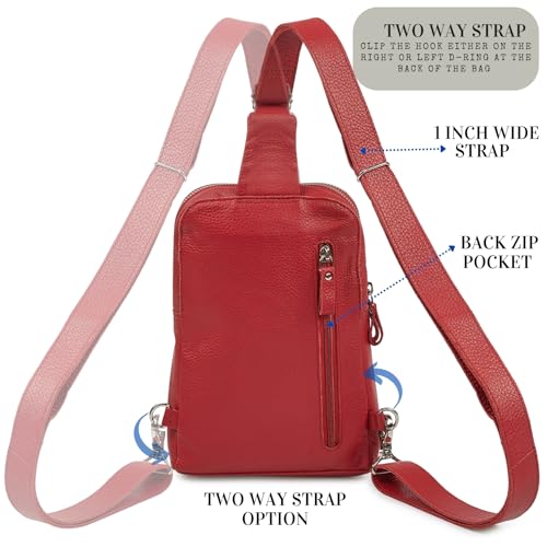 Leather Sling Bag for Women Genuine Crossbody Purse Small Trendy Cross Over Chest with Phone and Credit Card Slots (Red Nappa) - color: Red Nappa