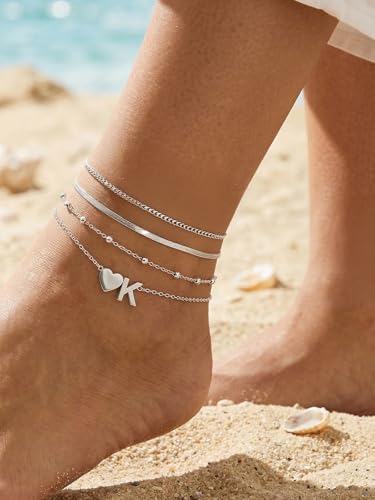 Silvora Ankle Bracelets for Women Waterproof 14K Gold/Silver/Black Initial Anklet for Women Dainty Layered Heart Ankle Bracelets Stainless Steel Adjustable Foot Chain Anklet Summer Beach Jewelry - color: D-Silver