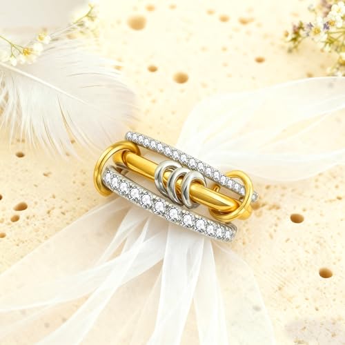 Gold Stackable Rings for Women 18k Gold Plated Rings Non Tarnish Gold Rings Cubic Zirconia Rings Silver Gold Multi Ring Interlocking Stackable Rings Mixed Metals Stack Rings Set Jewelry Gift for Women - color: 2 pcs silver+1 pcs gold, size: 5