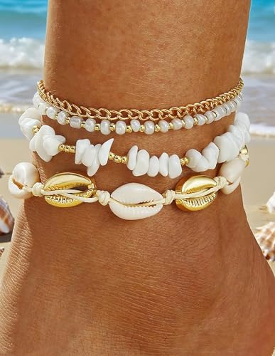 Shell Ankle Bracelets Set for Women Boho Bead Anklets Hawaiian Summer Beach Seashell Pearl Disc Puka Cowrie Conch Foot Chain Jewelry Gifts Gold Tone Adjustable - style: Shell